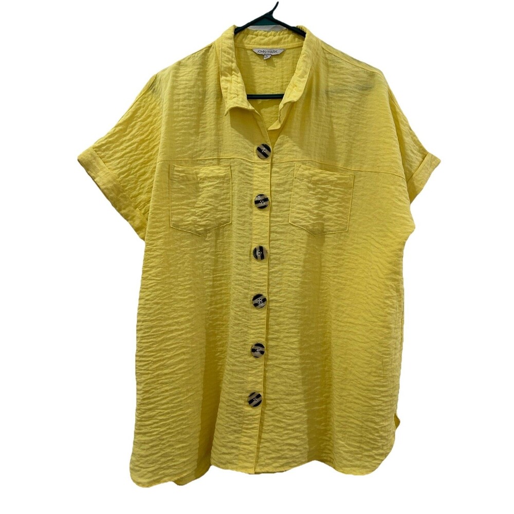 John Mark Crinkle Blouse Size Small Yellow Wire Collar Dolman Sleeve Button Up
